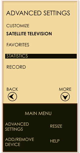 A listing of advanced settings for the satellite television, including statistics.