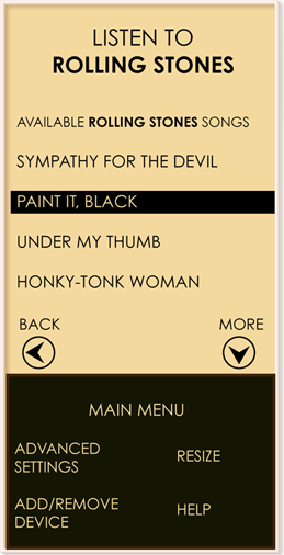 Jean now selects 'Paint it, Black' from the available songs by The Rolling Stones on the Zen.