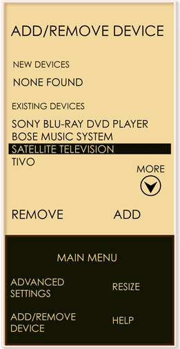 The 'Add/Remove Device' screen, where a user can remove a device by highlighting it and then pressing the 'remove' button.